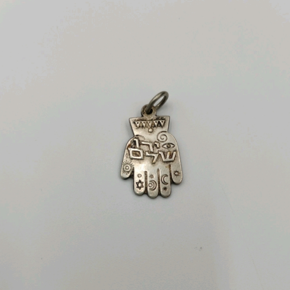 Sterling Silver Jewish Hebrew Hamsa Pendant JERUSALEM ירושלם Amulet